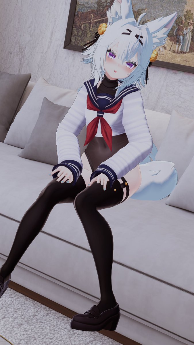 3d belly belly_button filian filian_(vtuber) filiannevr legs_together no_skirt one-piece_swimsuit school_uniform see-through see-through_swimsuit sitting sitting_on_couch tagme virtual_youtuber vrchat vtuber white_hair