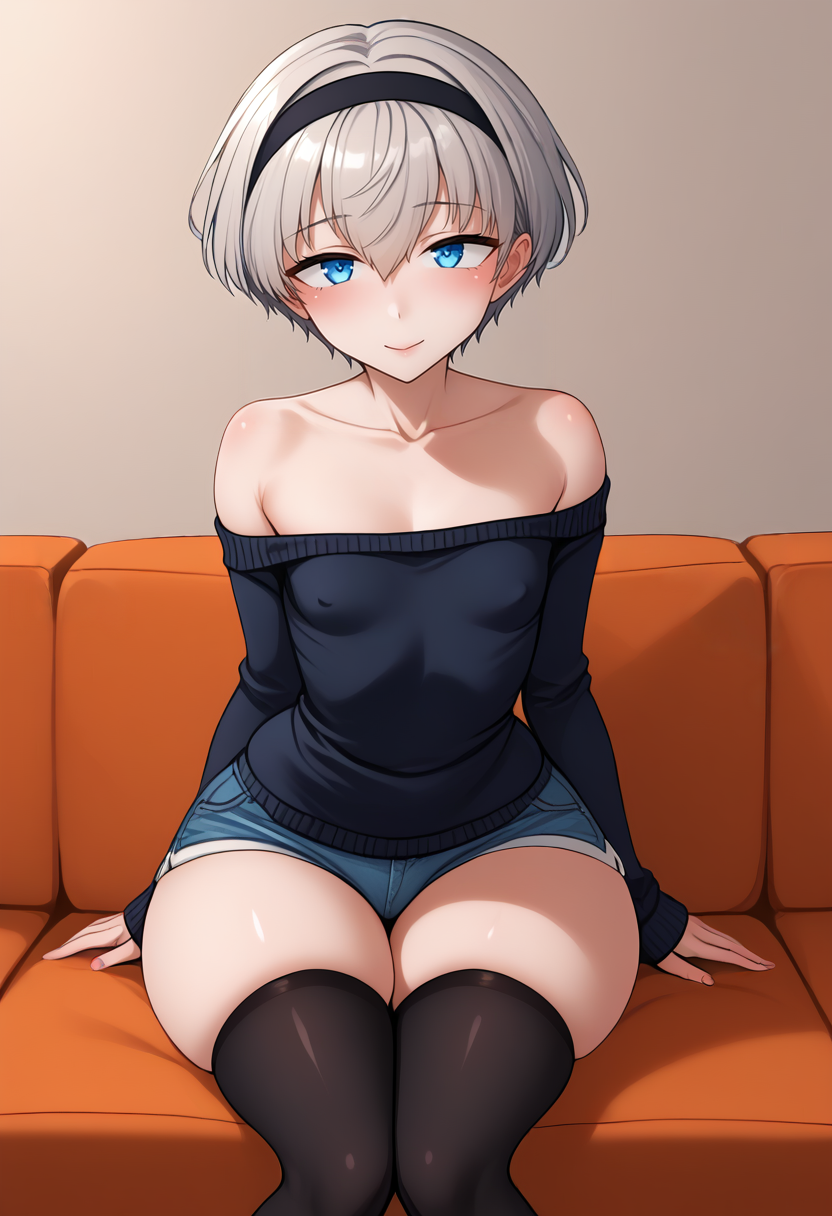 1boy ai_generated arm_support bangs bare_shoulders black_hairband black_legwear blue_eyes blue_shorts blush breasts closed_mouth collarbone couch covered_nipples denim denim_shorts eyebrows_visible_through_hair genderswap_(ftm) grey_hair hair_between_eyes hairband kantai_collection long_sleeves looking_at_viewer off-shoulder_sweater off_shoulder rule_63 self_upload short_hair short_shorts shorts sitting skindentation sleeves_past_wrists small_breasts smile solo sweater thick_thighs thighhighs thighs yukiguni_yuu_(style) z1_leberecht_maass_(kantai_collection)