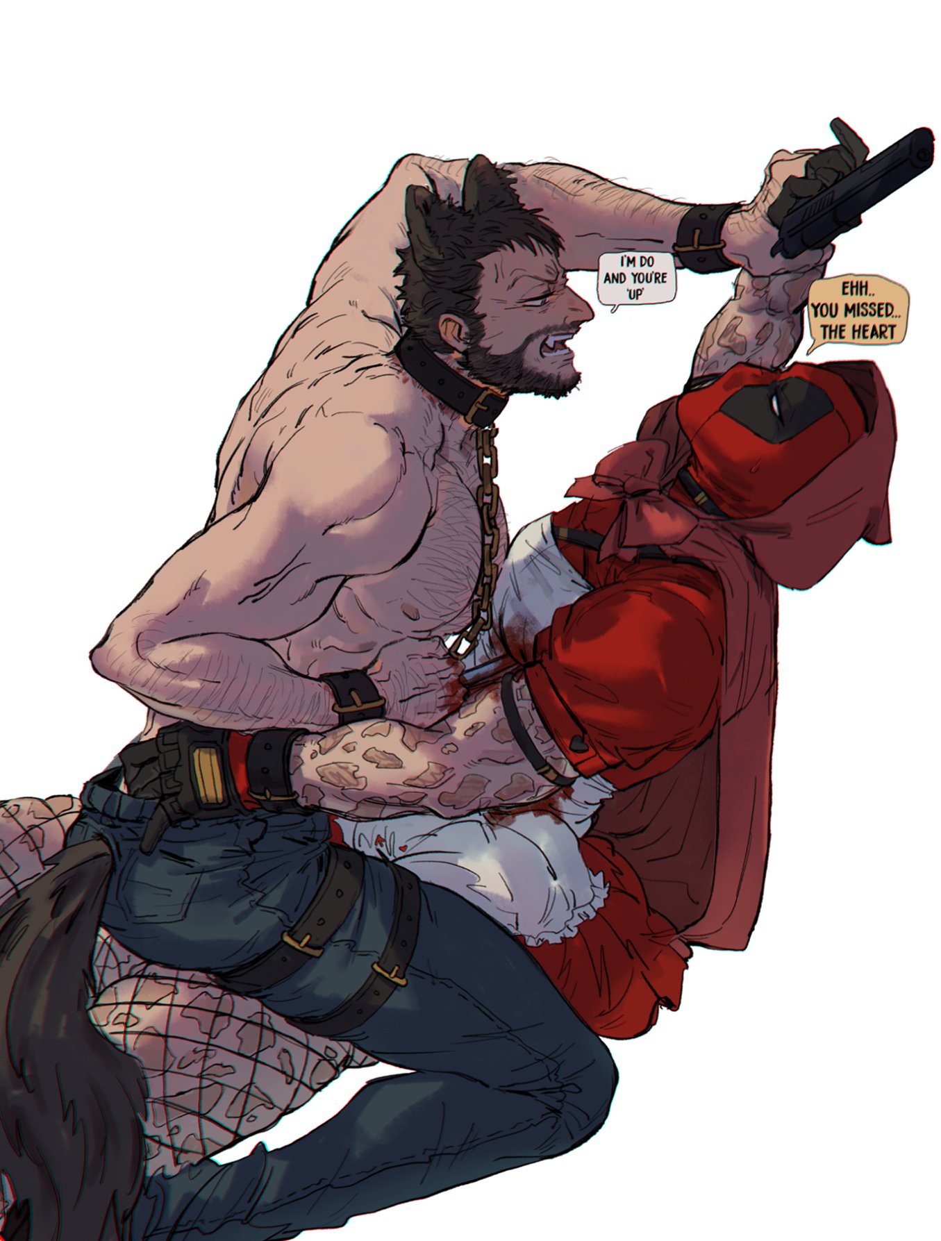 2boys alternate_costume animal_ears arm_hair ass beard big_bad_wolf_(cosplay) black_gloves bleeding blood blood_on_clothes bow brown_hair chain_leash chains chest_hair claw_(weapon) clenched_hand collar cosplay couple deadpool deadpool_&_wolverine_(2024) dress english_text facial_hair fishnets gay gloves grabbing_another's_ass groping guillartee gun hairy halloween halloween_costume holding holding_gun holding_weapon hood hood_up james_howlett large_pectorals leash little_red_riding_hood_(copyright) little_red_riding_hood_(cosplay) looking_at_another male_focus marvel marvel_cinematic_universe marvel_comics mask mature_male multiple_boys muscular muscular_male mutant_(marvel) mutate_(marvel) nipples open_mouth pants pectorals red_bow red_hood red_mask scar scars_all_over short_hair short_sleeves simple_background sitting sitting_on_person speech_bubble stab tail teeth thigh_strap too_many topless_male veins wade_wilson weapon white_background wolf_boy wolf_ears wolf_tail wolverine_(x-men) x-men yaoi