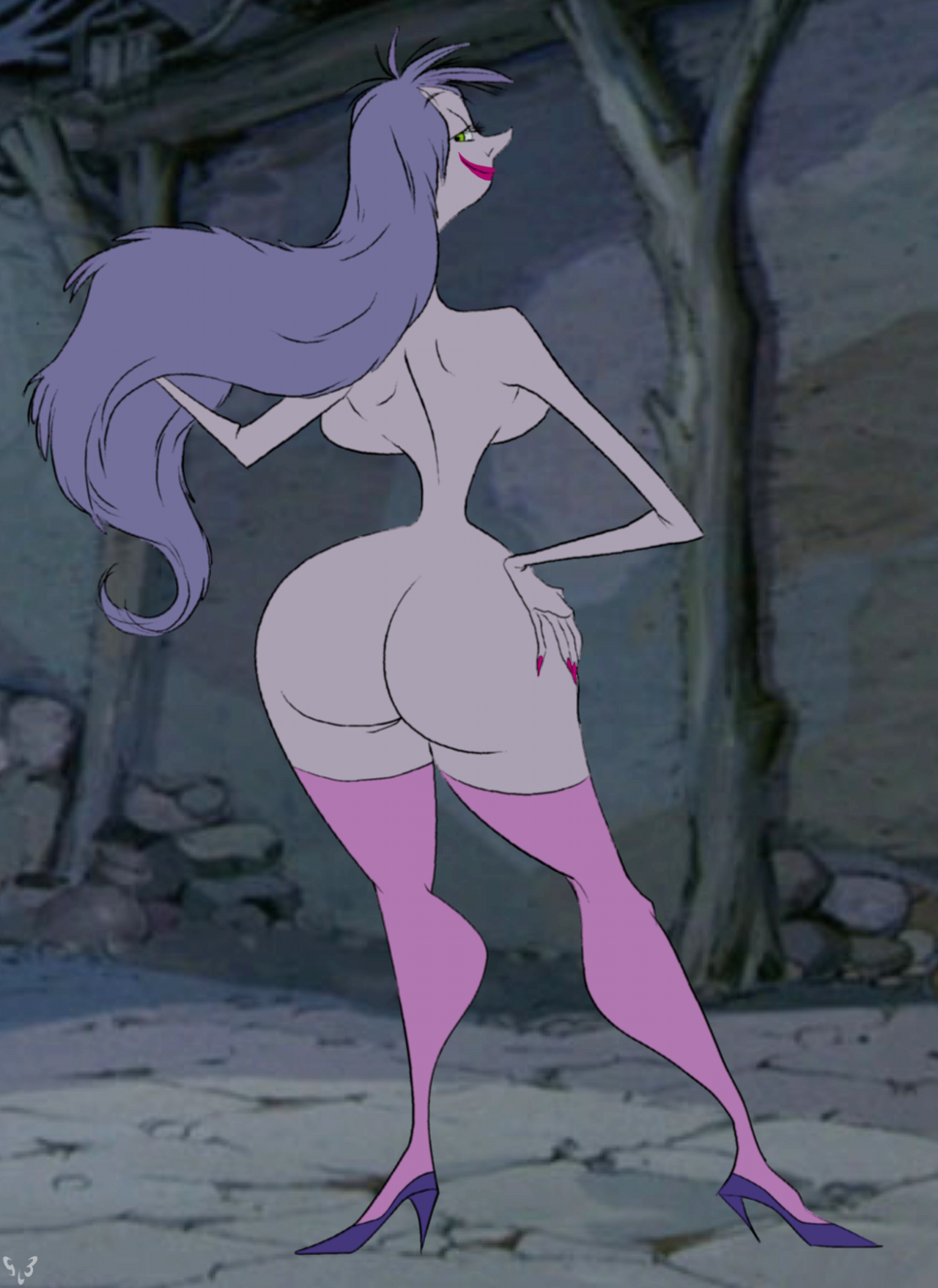1girls, artist signature, ass, back view, backboob, breasts, detailed background, disney, disney villains, female, female focus, female only, footwear, gilf, green eyes, hand on hip, high heels, hourglass figure, huge ass, human, indoors, large breasts, lipstick, long fingernails, long hair, looking back, madam mim, mature female, nail polish, naked, naked footwear, naked heels, naked stockings, nude, nude female, pink nails, purple hair, purple skin, slb, smile, smiling, solo, solo female, solo focus, standing, stockings, the sword in the stone, thighhighs, very long hair