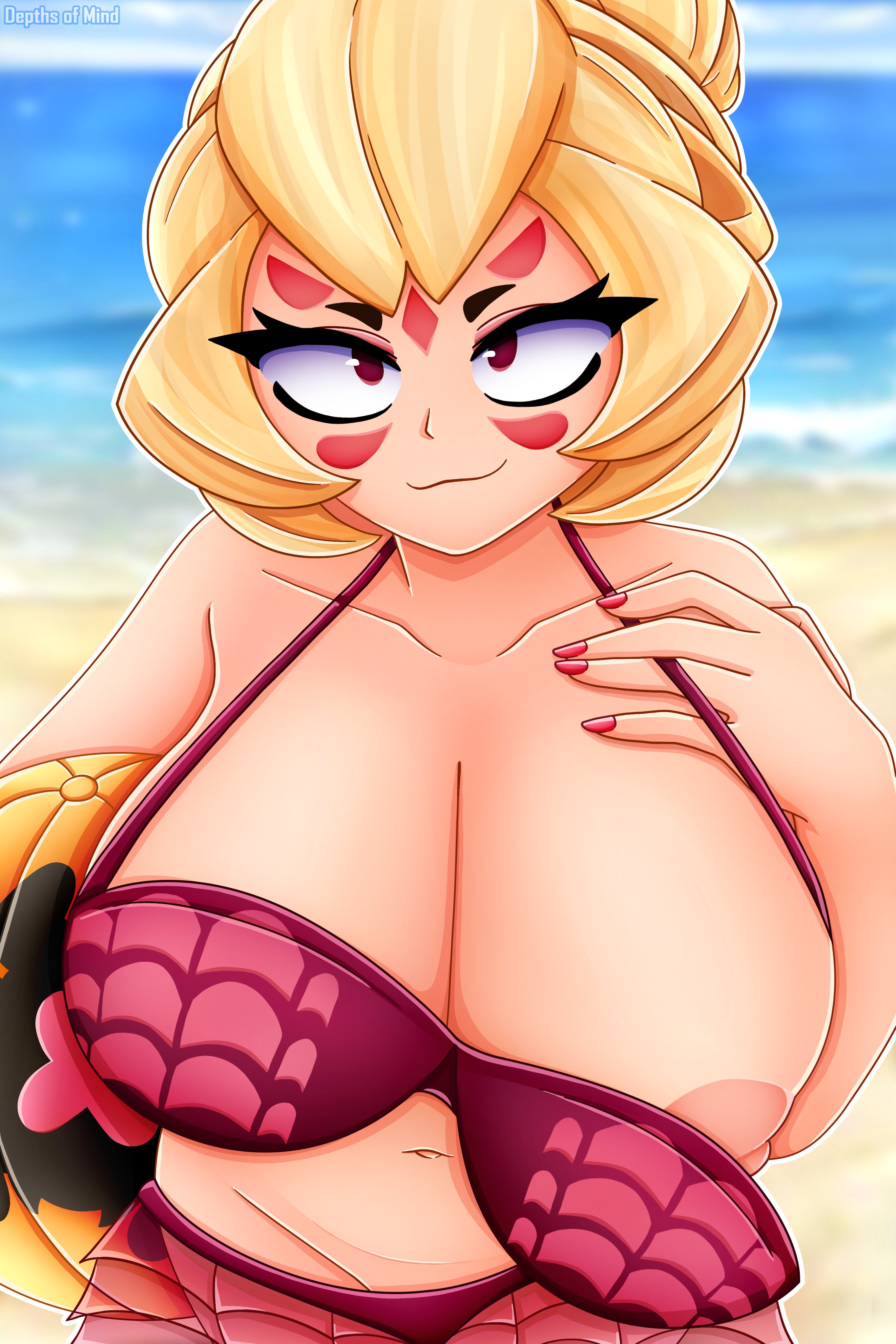 :3, 1girls, alternate breast size, alternate version at source, alternate version available, beach, beach ball, big breasts, big nipples, bikini, bikini bottom, bikini top, blonde hair, brawl stars, breasts, breasts out, charlie (brawl stars), cleavage, clothing, curvy, depthsofmind, eyeshadow, female focus, female only, hand on breast, huge breasts, large breasts, long hair, looking at viewer, makeup, nail polish, navel, nipples, smile, spider, undressing, voluptuous female, wide hips