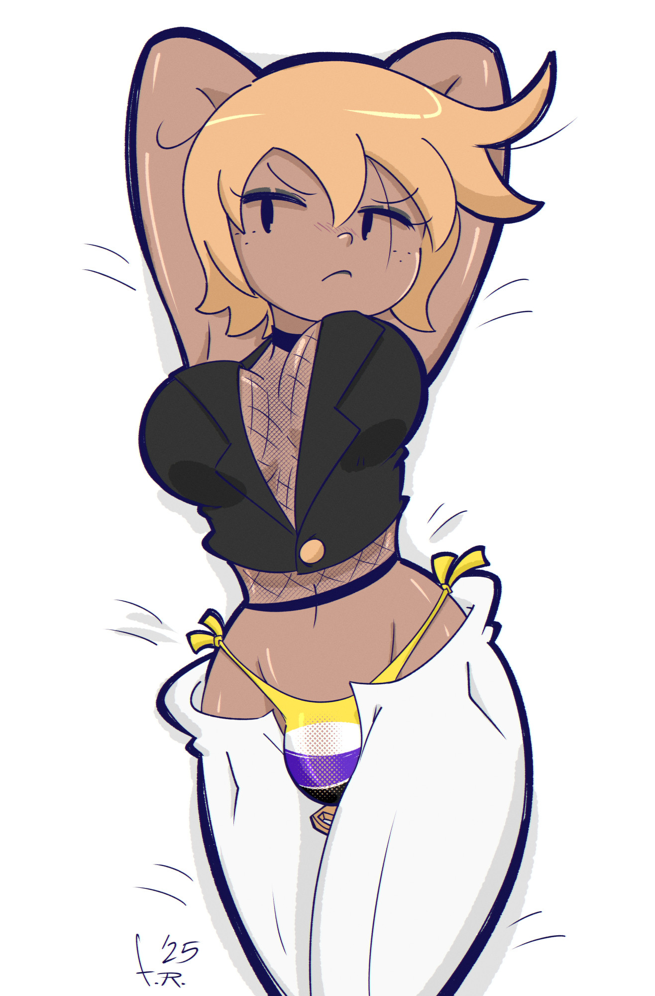 1other, 2025, angry, angry face, artist signature, blonde hair, bulge, bulge in panties, choker, cleavage, dandi (fernal-scarlet), fernal-scarlet, fishnet topwear, fondly scarlet, freckles, freckles on face, lying on bed, nonbinary, nonbinary (lore), nonbinary pride colors, original, penis, short hair, side-tie panties, sleeveless jacket, tanned skin, they them dick, white jeans, zipper down
