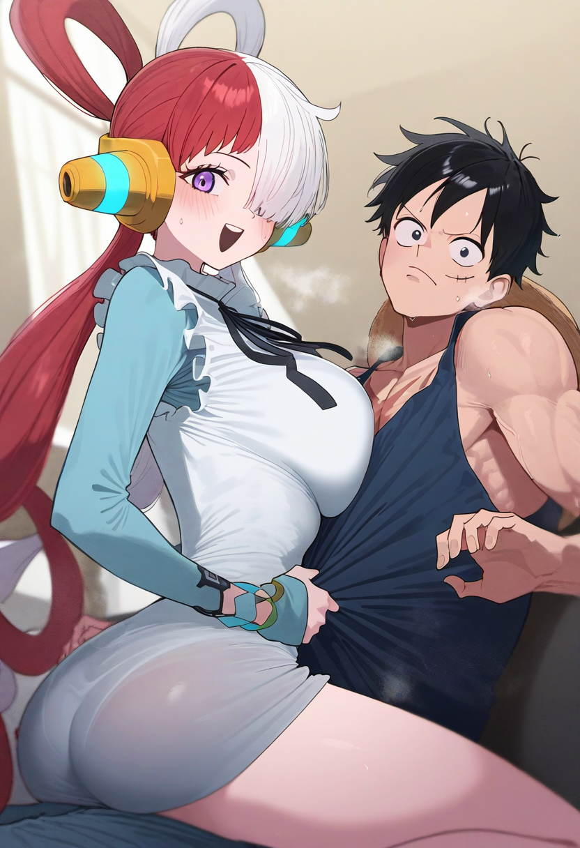 ai_generated big_ass big_breasts blus blush couple curvy fat_ass female heavy_breathing ishin male multicolored_hair muscular_male one_piece onkey_d_luffy scar straw_hat sweatdrop thick_thighs transparent_clothing uta_(one_piece)