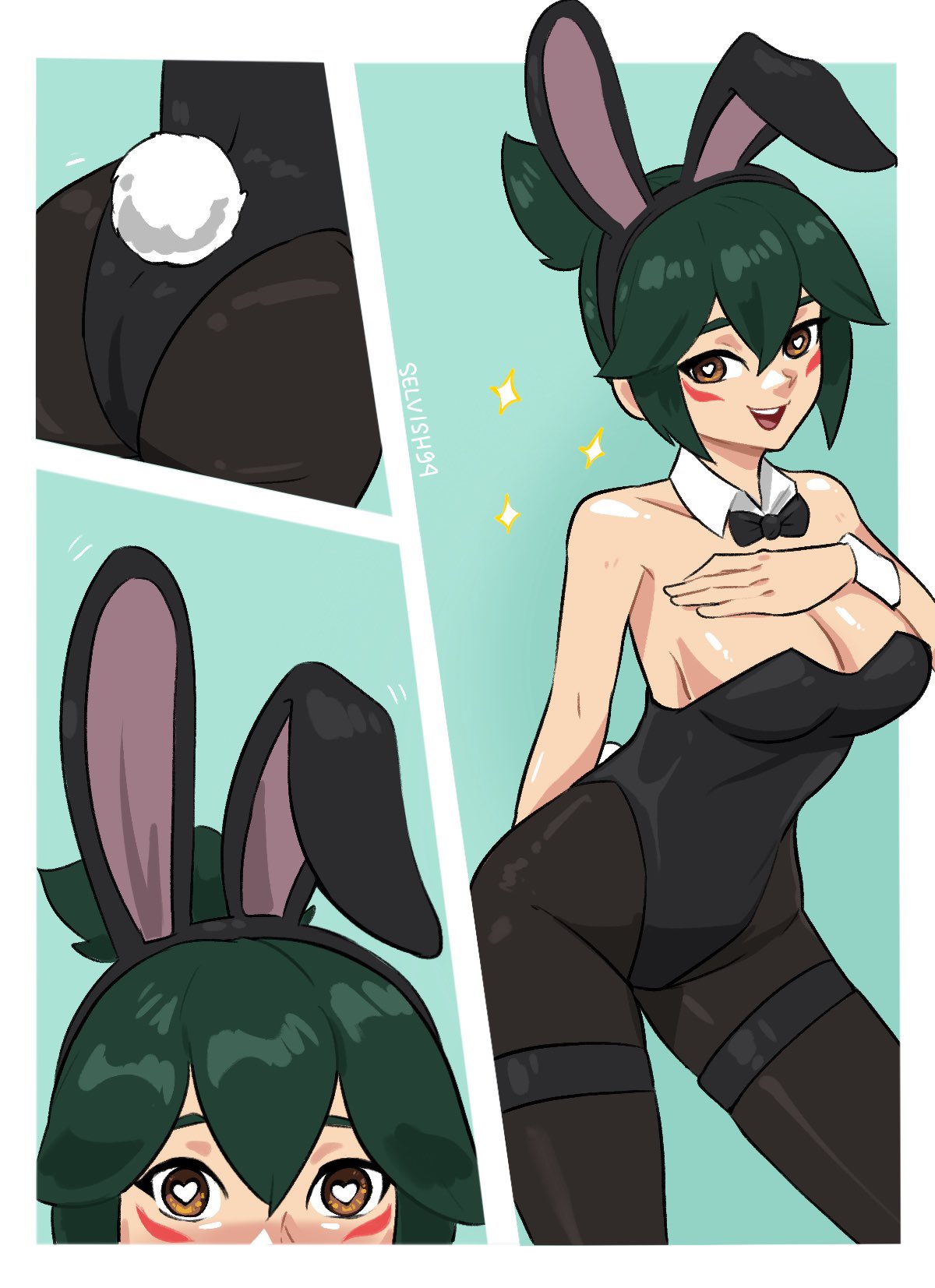 blizzard_entertainment bunny_costume bunny_suit bunnysuit green_hair kiriko_(overwatch) kiriko_kamori overwatch overwatch_2 selvish94 smiling_at_viewer yellow_sclera