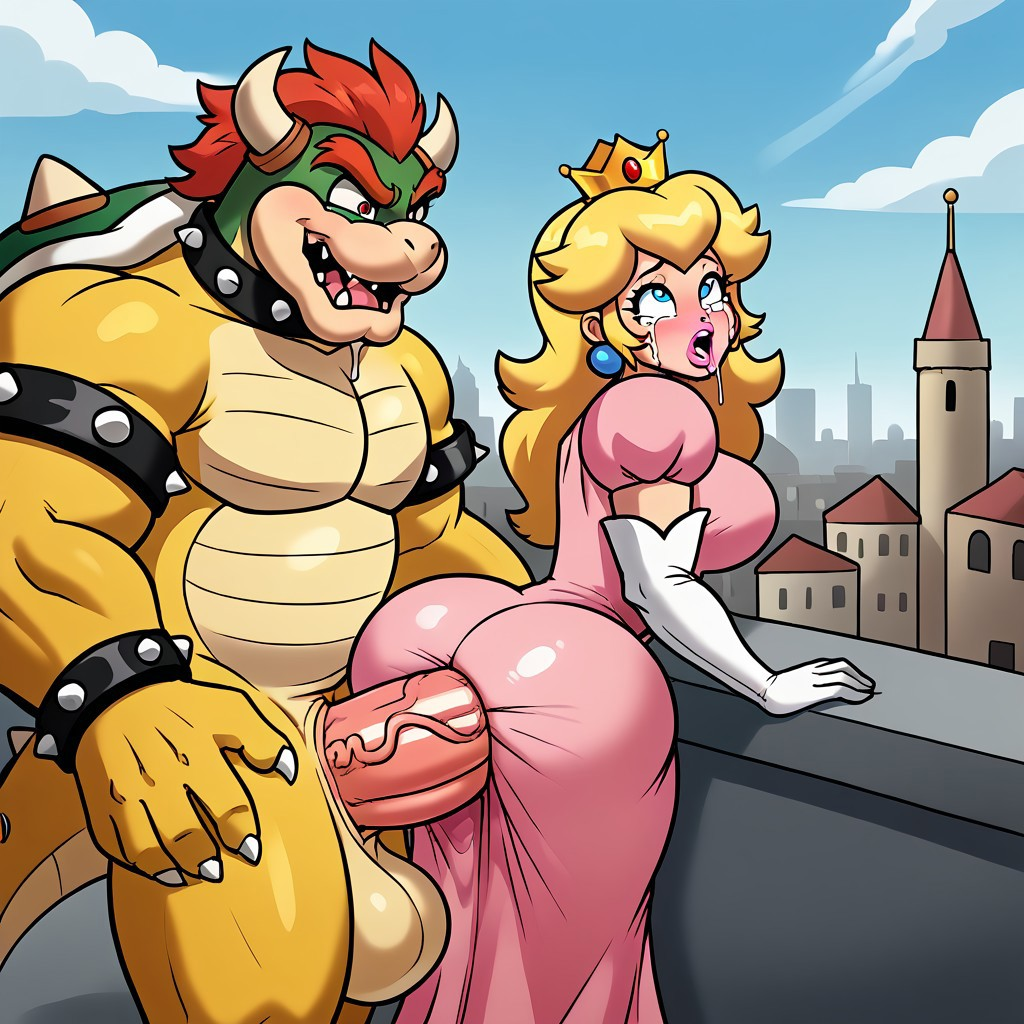 1boy 1girls ai_generated anal anal_sex anal_through_clothes bent_over bowser clothes_as_condom dress female from_behind from_behind_position fucked_through_clothes fucked_through_dress fucked_through_skirt hyper_penetration hyper_penis koopa male male/female mario_(series) nintendo penetration penetration_through_clothes princess_peach secretly_loves_it sex sex_from_behind sex_through_clothes standing standing_doggy_style standing_sex surprised