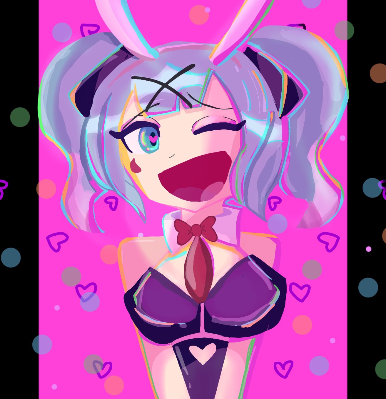 1girls black_background black_leotard blue_eyes blue_hair bowtie bunny_ears cleavage cleavage_cutout eyebrows eyebrows_visible_through_hair eyelashes eyelashes_visible_through_hair eyeshadow facial_mark hatsune_miku heart heart-shaped_pupils heart_cleavage_cutout heart_cutout leotard mv_character necktie neon_lighting neon_lights one_eye_closed open_mouth open_mouth_smile pink_background pink_eyeshadow rabbit_hole_(deco*27/caststation) rabbit_hole_(vocaloid) red_bowtie red_necktie smile solo symbol-shaped_pupils teardrop_facial_mark twintails upper_body vocaloid wide_open_mouth x_hair_ornament