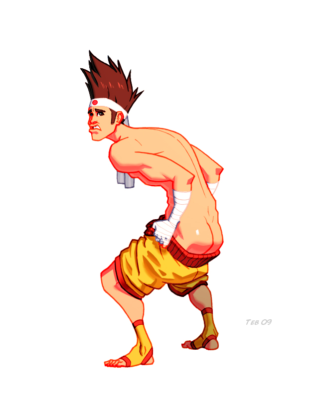 00s 1boy 2009 ass bandaged_hands brown_eyebrows brown_eyes brown_hair dated headband joe_higashi king_of_fighters light_skin male male_only mooning shorts shorts_down simple_background snk solo teben video_games white_background yellow_shorts