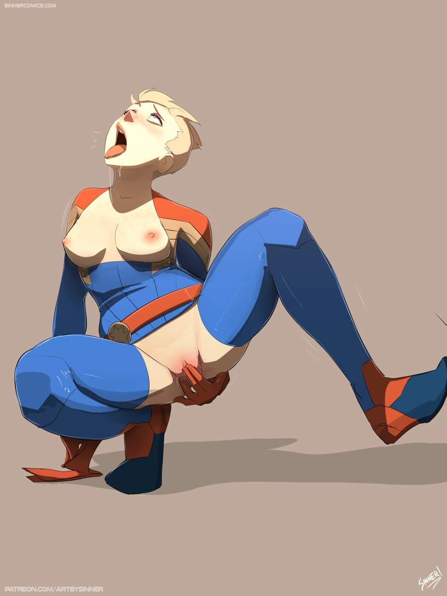 1girls, blonde hair, blue eyes, boots, breasts, captain marvel, carol danvers, female, female only, fingering, gloves, high resolution, hips, legs, legwear, marvel, marvel comics, nipples, open mouth, pussy, shoes, short hair, sillygirl, sinner, solo, spread legs, squatting, thigh boots, thighhighs, thighs, tongue, tongue out, vagina