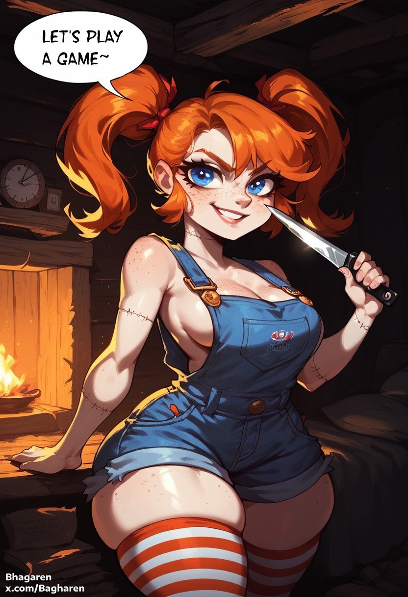 1girls ai_generated bagharen bangs blue_eyes chucky cleavage curvy denim_shorts english_text freckles halloween holding_object knife medium_breasts naked_overalls orange_hair overalls shortstack sideboob skindentation small_waist smirk stitches text text_bubble thick_thighs thighhighs twintails wide_hips