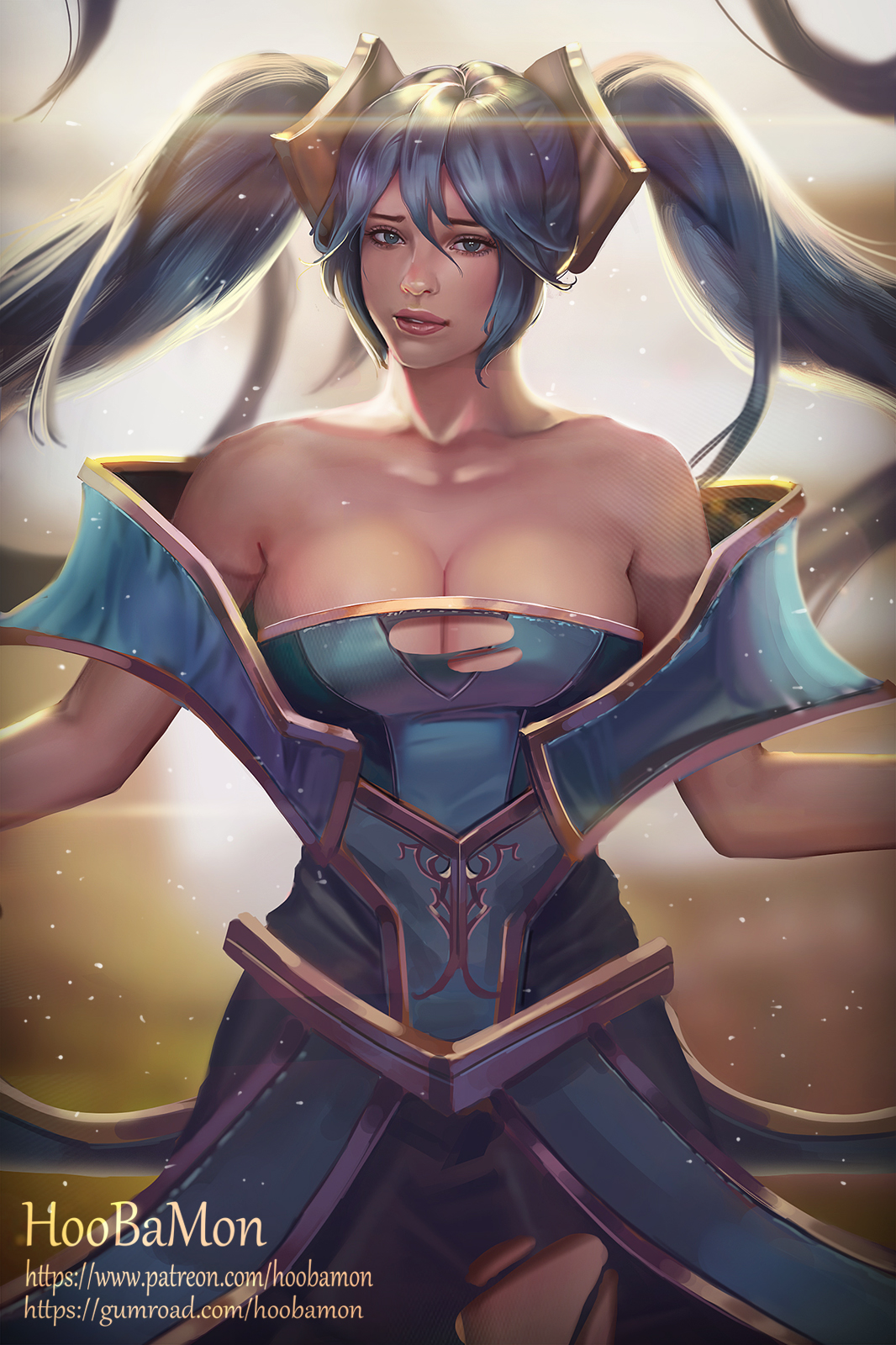 1girls, blue eyes, blue hair, breasts, cleavage, dress, female, female only, highres, hoobamon, large breasts, league of legends, long hair, looking at viewer, solo, sona buvelle, strapless, strapless dress, tied hair, twintails, very long hair