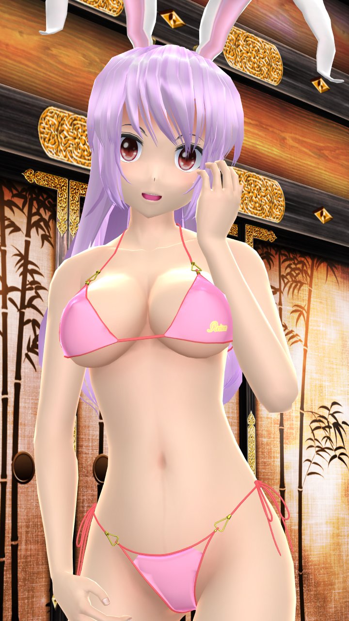 1girls 2024 3d belly_button bikini breasts cleavage hand_on_hair hati_yukkuri_mmd hips indoors interior_background jpeg kemonomimi light-skinned_female long_hair_female looking_at_viewer mmd one_arm_up open_mouth pink_bikini purple_hair_female rabbit rabbit_ears red_eyes reisen_udongein_inaba solo_female solo_focus swimsuit touhou waist