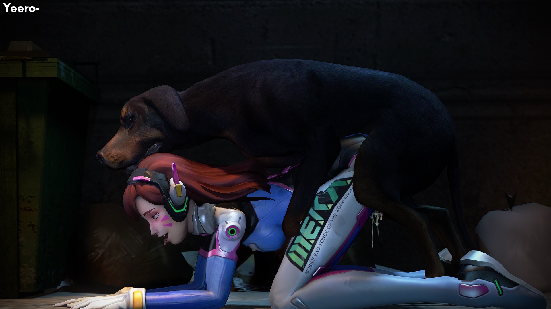 3d, blizzard entertainment, bodysuit, canine, creampie, cum, cum inside, d.va, doggy style, female, feral on female, interspecies, overwatch, sex, tongue, tongue out, yeero, zoophilia