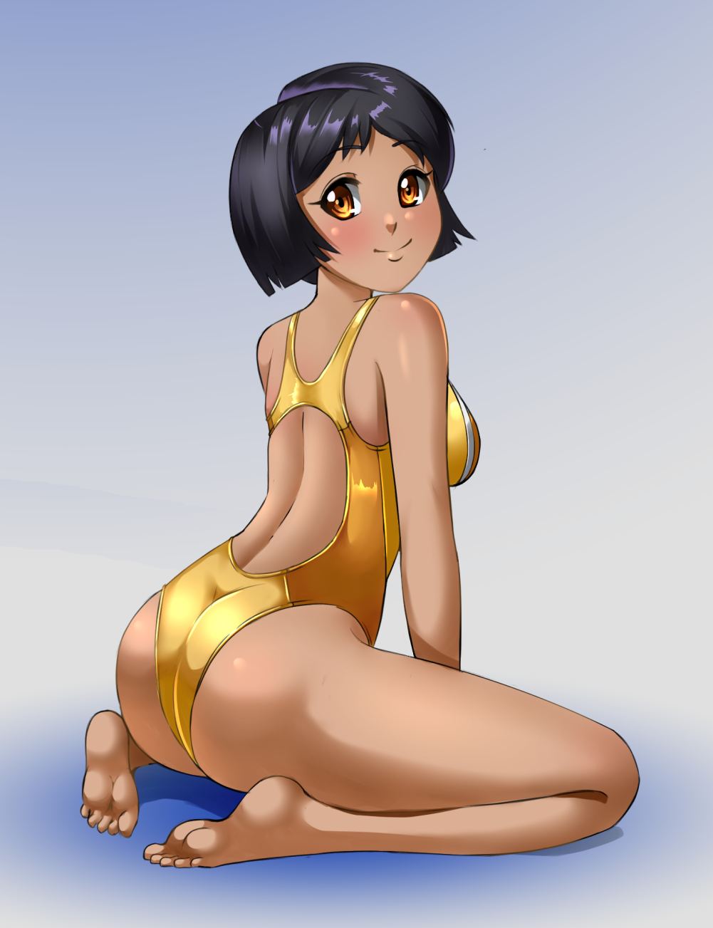 1girls alex_(totally_spies) amber_eyes ass back_view black_hair blush dark-skinned_female dark_skin female female_only kneeling razorkun short_hair smiling solo swimsuit totally_spies