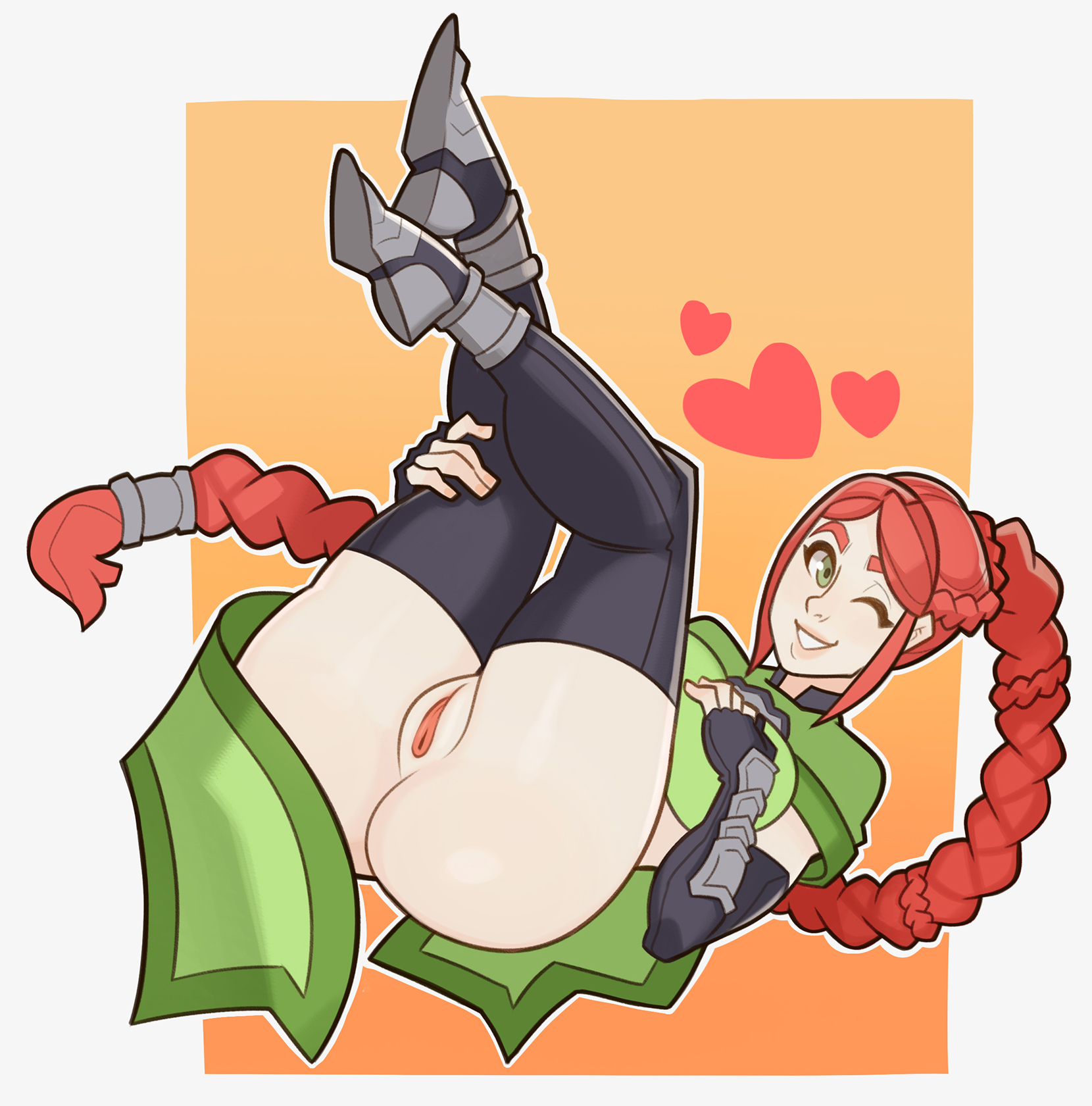 1girls, ass, braid, breasts, cassie (paladins), cute, female, female only, fingerless gloves, green eyes, legs, long hair, looking at viewer, no panties, paladins, ponytail, pussy, red hair, simple background, smile, solo, splashbrush, thick thighs, thighhighs, timber cassie, vagina, wink