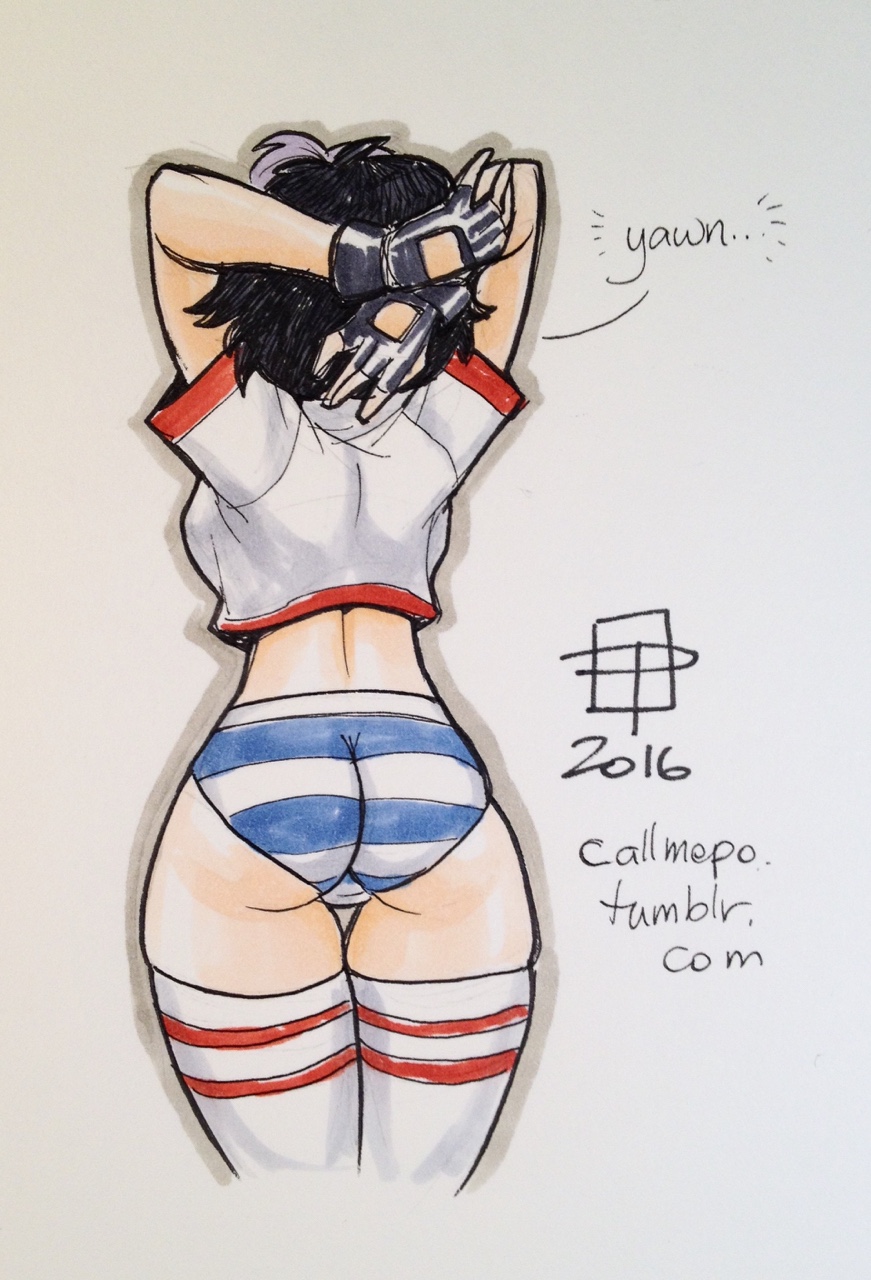 1girls, 2016, asian, ass, big ass, big hero 6, bubble ass, bubble butt, callmepo, color, colored, disney, female, female only, gogo tomago, hourglass figure, marvel, marvel comics, panties, signature, solo, stockings, striped panties, text, thighhighs, two-tone hair, yawn