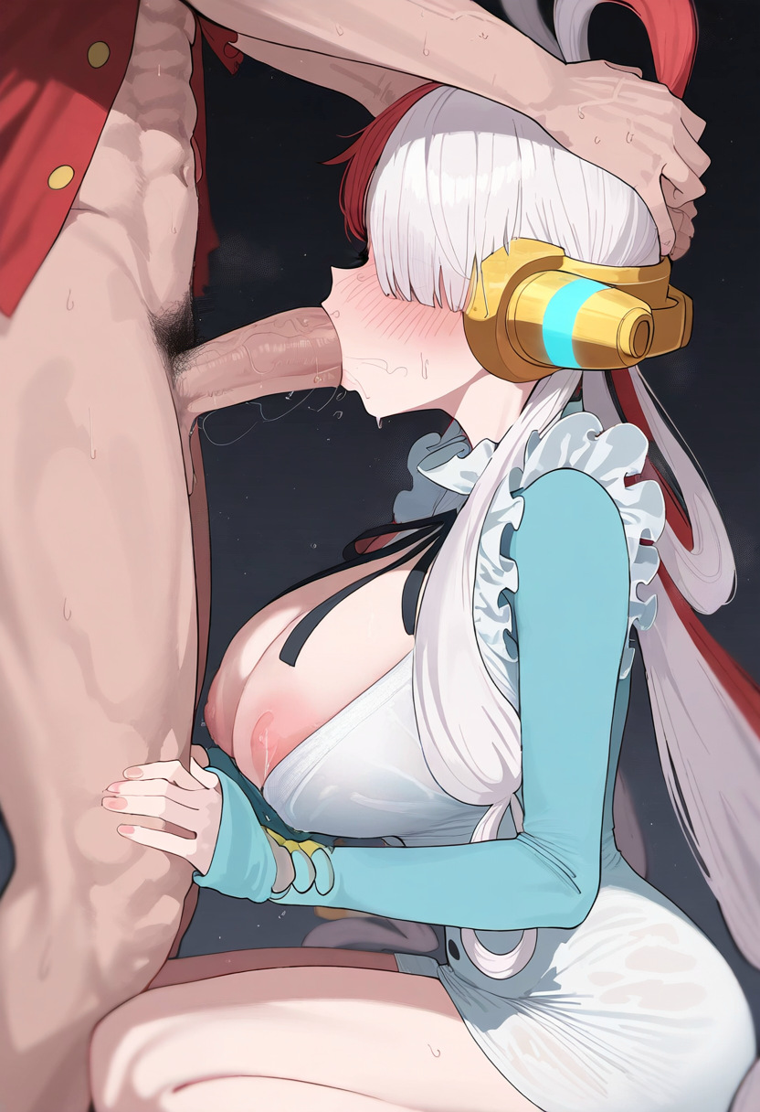 ai_generated big_breasts big_penis blowjob blush curvy curvy_body curvy_female curvy_figure female grabbing_head huge_breasts ishin long_hair male monkey_d_luffy multicolored_hair muscular muscular_male nipples one_piece pubic_hair saliva saliva_on_penis scar squatting thick_thighs transparent_clothing uta_(one_piece) wet_clothes wide_hips