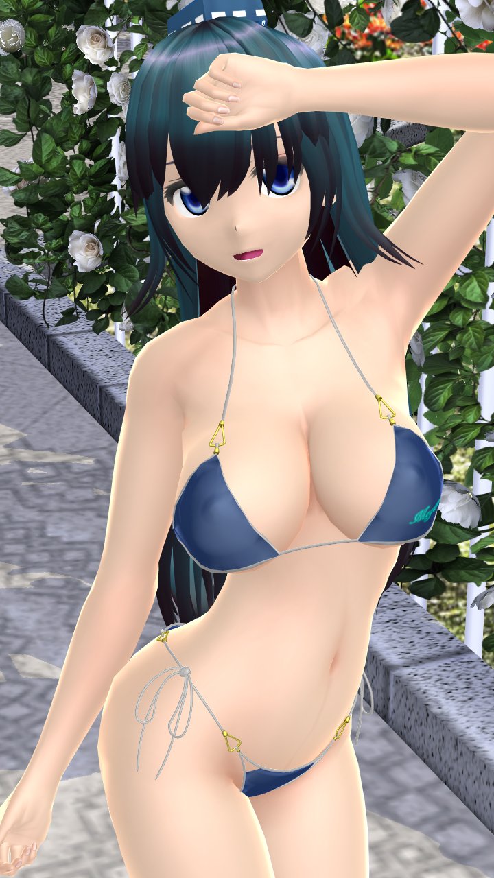 1girls 2024 3d above_view armpit ass belly_button blue_eyes blue_hair_female breasts clavicle cleavage garden hand_on_head hat hati_yukkuri_mmd headwear hips iizunamaru_megumu jpeg light-skinned_female long_hair_female mmd one_arm_up outdoors solo_female solo_focus tengu tokin_hat touhou waist youkai