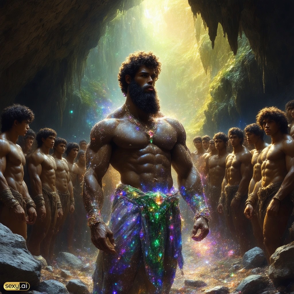 ai_generated beard curly_hair dark_skinned_male devotees hazy jewels loin_cloth men_only