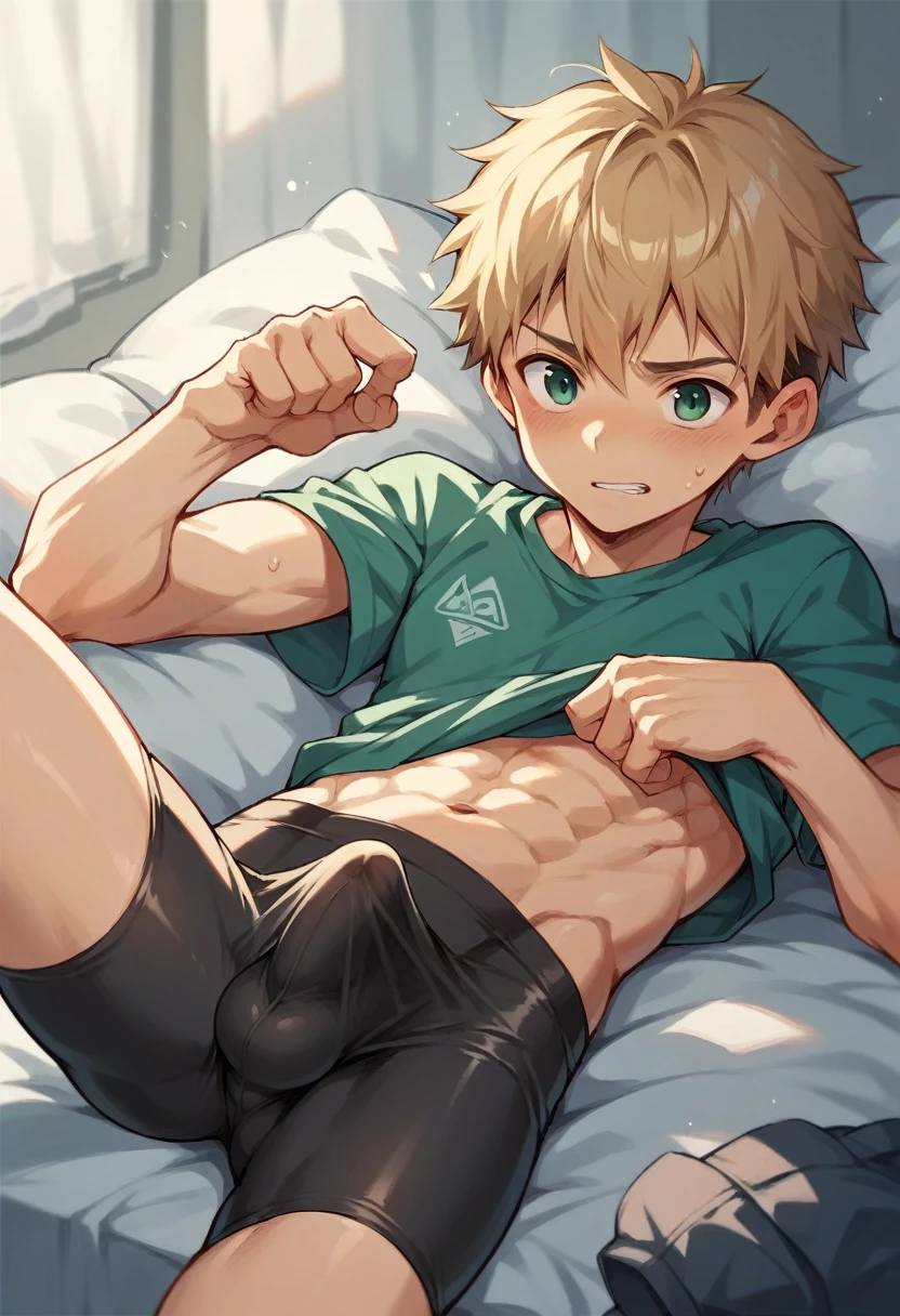 1boy, bed, bike_shorts blush, bulge erection_under_clothes, green_eyes yellow_hair,abs