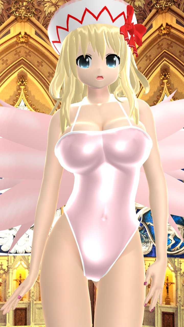 1girls 2024 3d adult_female belly_button blonde_hair_female blue_eyes breasts cathedral clavicle cleavage fairy feathered_wings hat hati_yukkuri_mmd headwear hips indoors interior_background jpeg light-skinned_female lily_white long_hair_female looking_at_viewer mmd pink_swimsuit red_ribbon solo_female solo_focus swimsuit touhou waist wings