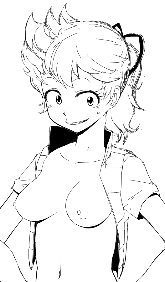 1girls akane_kimidori breasts dr._slump female human light-skinned_female light_skin monochrome nipples open_clothes open_shirt ponytail shirt short_hair smile solo tied_hair