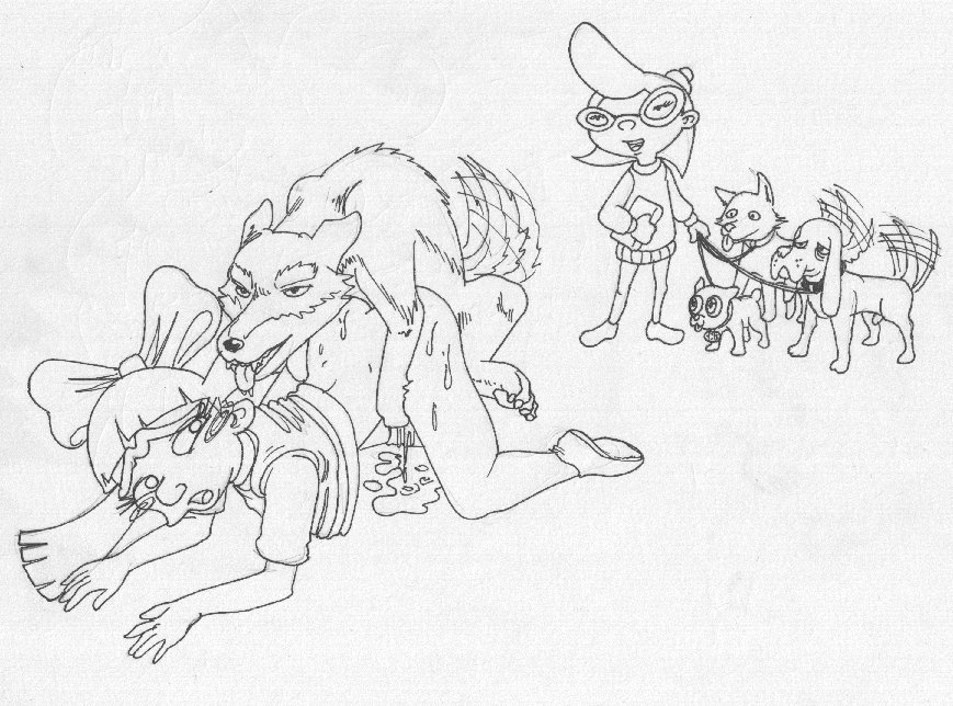 2006 2girls canine collar female feral helga_pataki hey_arnold! human human_on_feral leash lobozamora male male/female male_focus mammal monochrome penis phoebe_heyerdahl sketch straight traditional_media_(artwork) zoophilia