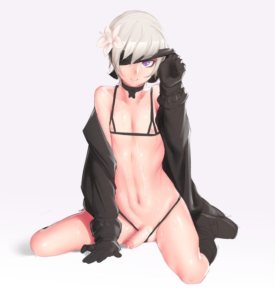 1boy, androgynous, balls, cum, erection, femboy, foreskin, girly, male, male focus, male only, necrosmos, nier, nier: automata, penis, precum, silver hair, solo, sweat, testicles, trap, uncircumcised, uncut, white background, yorha 9s