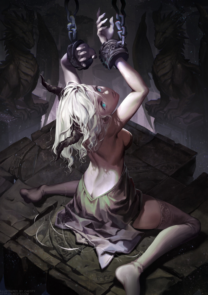 bound, caesty, dress, from behind, horns, long socks, looking back, pale, prisoner, shackled, slave, white hair