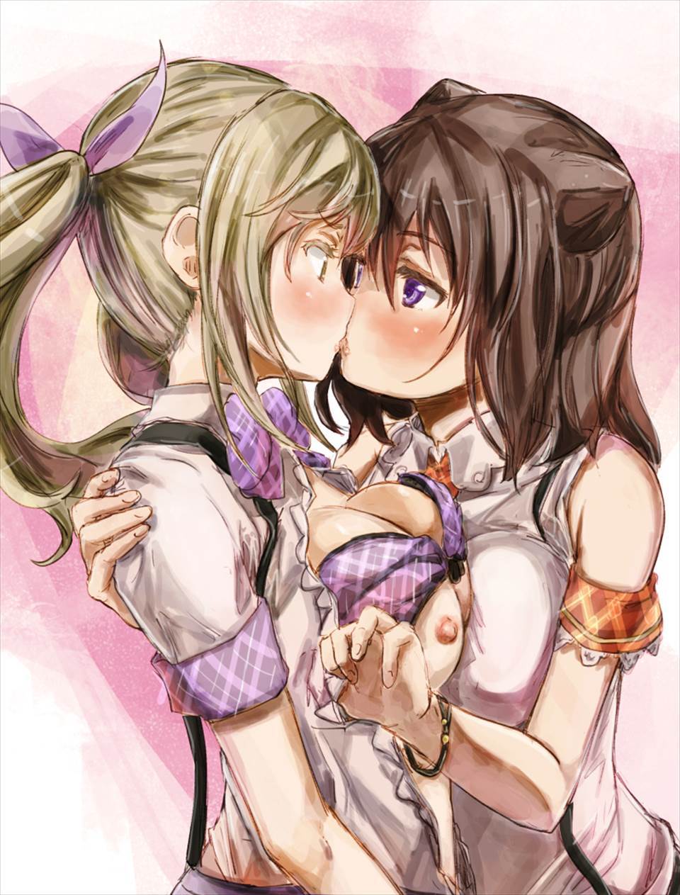 2girls bang_dream! blonde_hair blush breasts breasts_out brown_hair hair_ribbon ichigaya_arisa kiss large_breasts multiple_girls purple_eyes purple_ribbon tagme toyama_kasumi twintails white_shirt yohane yuri