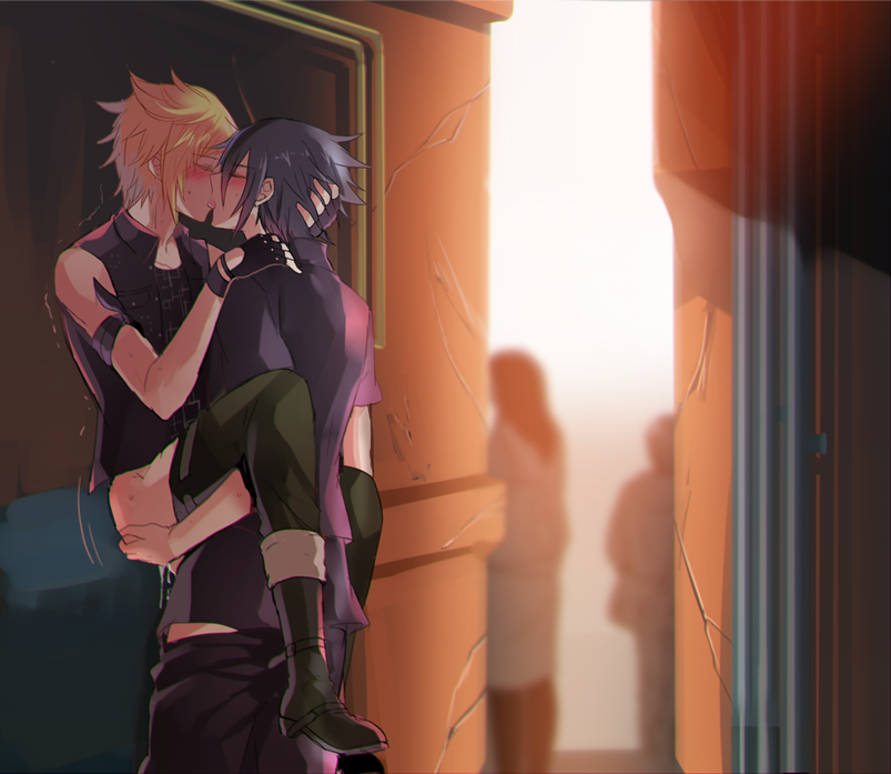 2boys, against wall, anal, artist request, ass, blush, cum, cum in ass, cumdrip, final fantasy, final fantasy xv, kissing, lifting, male, male only, multiple boys, multiple males, noctis lucis caelum, outdoors, penetration, prompto argentum, public, sex, tongue, yaoi