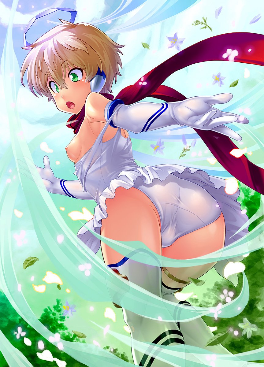 00s ass blonde_hair breasts energy female female grass green_eyes halo kuuchuu_yousai michea_silkys nipples no_bra short_hair sky small_breasts taimanin_(series) taimanin_asagi_battle_arena