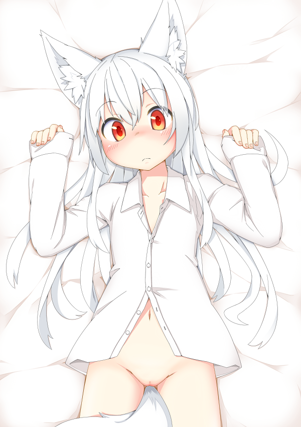 animal_ears bed_sheet blush bottomless buttons female female fox_ears fox_tail hands_up hinotama long_hair long_sleeves looking_at_viewer lying multicolored_eyes naked_shirt on_back original pussy red_eyes shirt sleeves_past_wrists solo tail unbuttoned uncensored white_hair white_shirt yellow_eyes