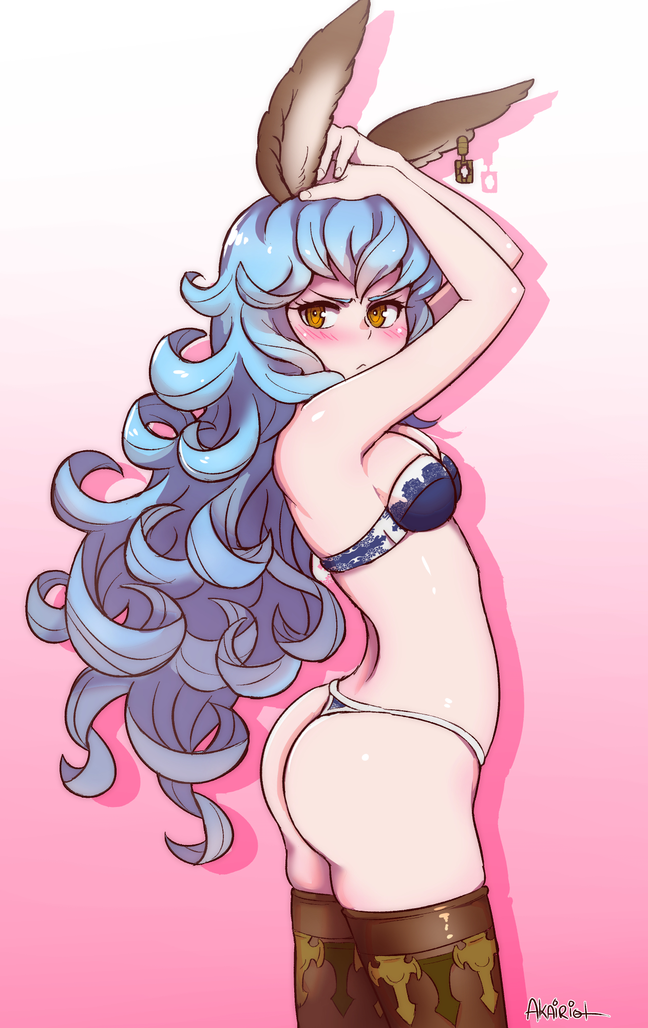 akairiot, animal ears, ass, blue hair, blush, bra, cleavage, female, ferry (granblue fantasy), granblue fantasy, long hair, orange eyes, solo, thighhighs, thong