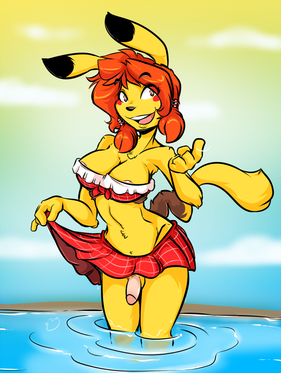 1futa 2017 anthro areola blush breasts chu_(duckdraw) cleavage clothed clothing clothing_lift dickgirl duckdraw fur furry futa_focus futa_only futanari hair intersex mammal nintendo nipples open_mouth orange_hair original original_character penis pikachu pokémon_(species) pokemon rodent short_hair skirt skirt_lift smile solo tail tongue video_games water yellow_fur