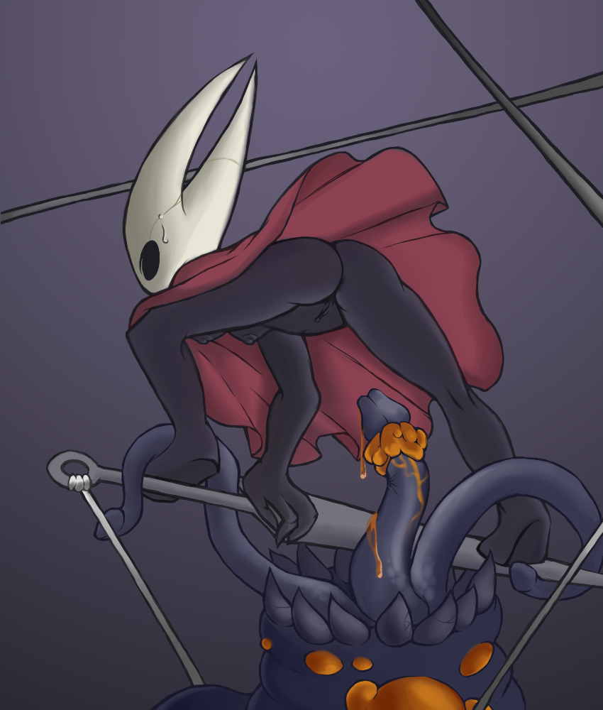 ambiguous_species anthro anus arthropod ass black_body bottomless cape clitoris cloak clothing exposed female flavorsavior from_behind hollow_knight hornet_(hollow_knight) imminent_rape insects interspecies mask mawlek monster nipples precum pussy rear_view red_cape small_breasts spread_legs tentacle the_infection_(hollow_knight) uncensored upskirt video_games weapon