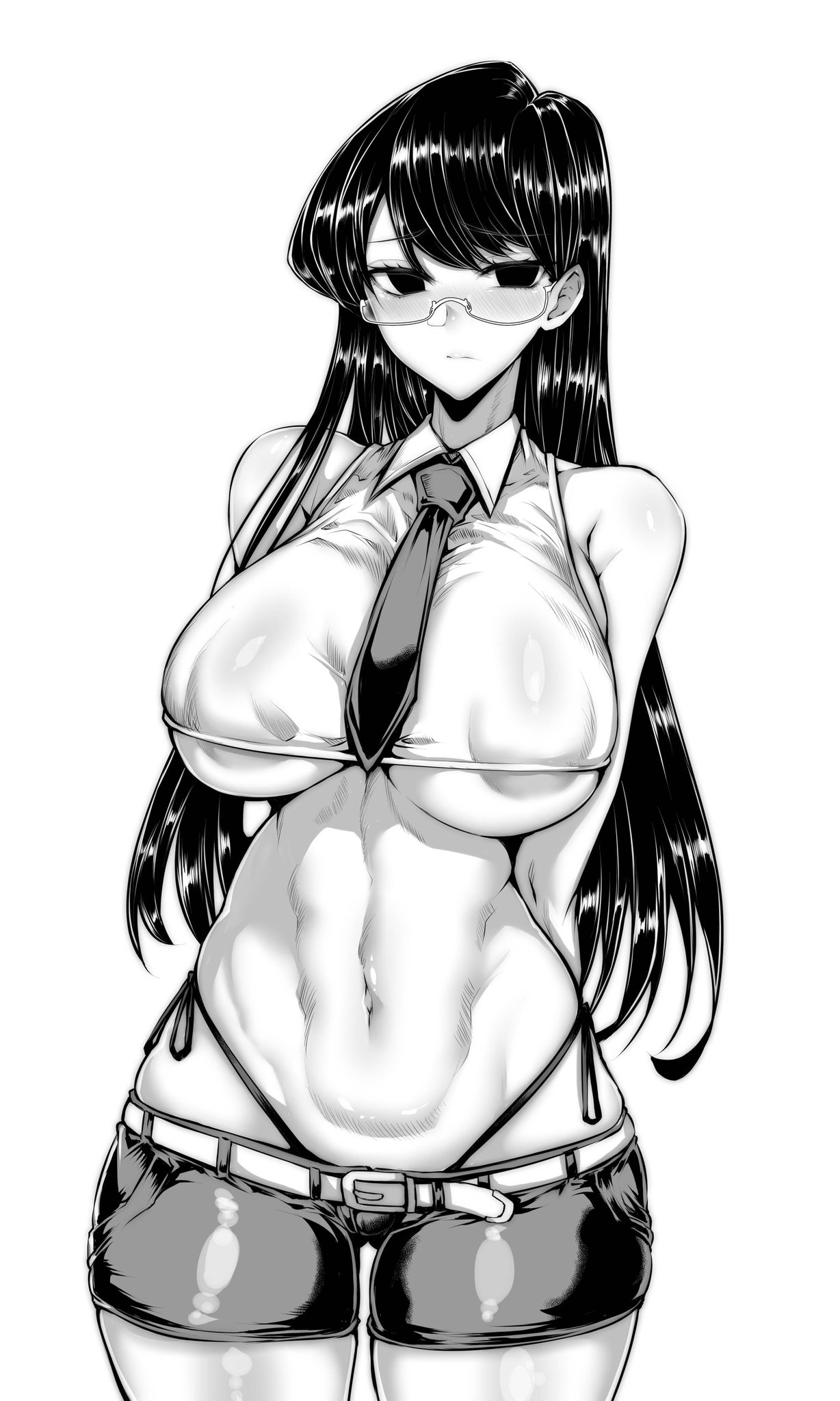 1girls, belt, big breasts, black hair, breasts, female, gggg, glasses, komi shouko, komi-san wa komyushou desu, large breasts, long hair, midriff, monochrome, short shirt, short shorts, shorts, solo, standing, tie, underboob, visible underwear