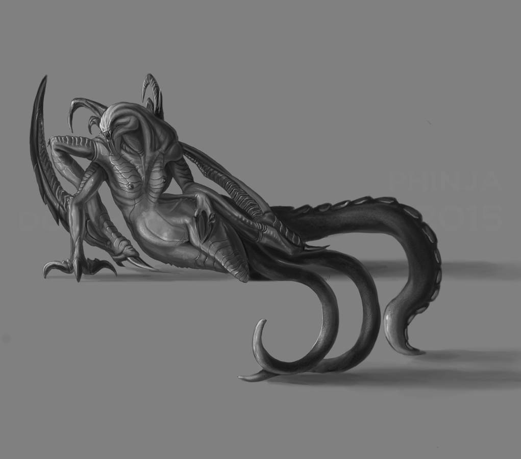 alien breasts claws evolve evolve_(copyright) fangs female grey_background monochrome nipples nude open_mouth phinja pose scalie simple_background sketch smile solo tentacle video_games wraith_(evolve)