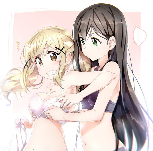 2girls artist_request bang_dream! big_breasts blonde_hair breast_envy breast_grab brown_hair embarrassed eyebrows_visible_through_hair female female_focus female_only fondling gold_eyes green_eyes hanazono_tae ichigaya_arisa long_hair multiple_girls pigtails surprised underwear