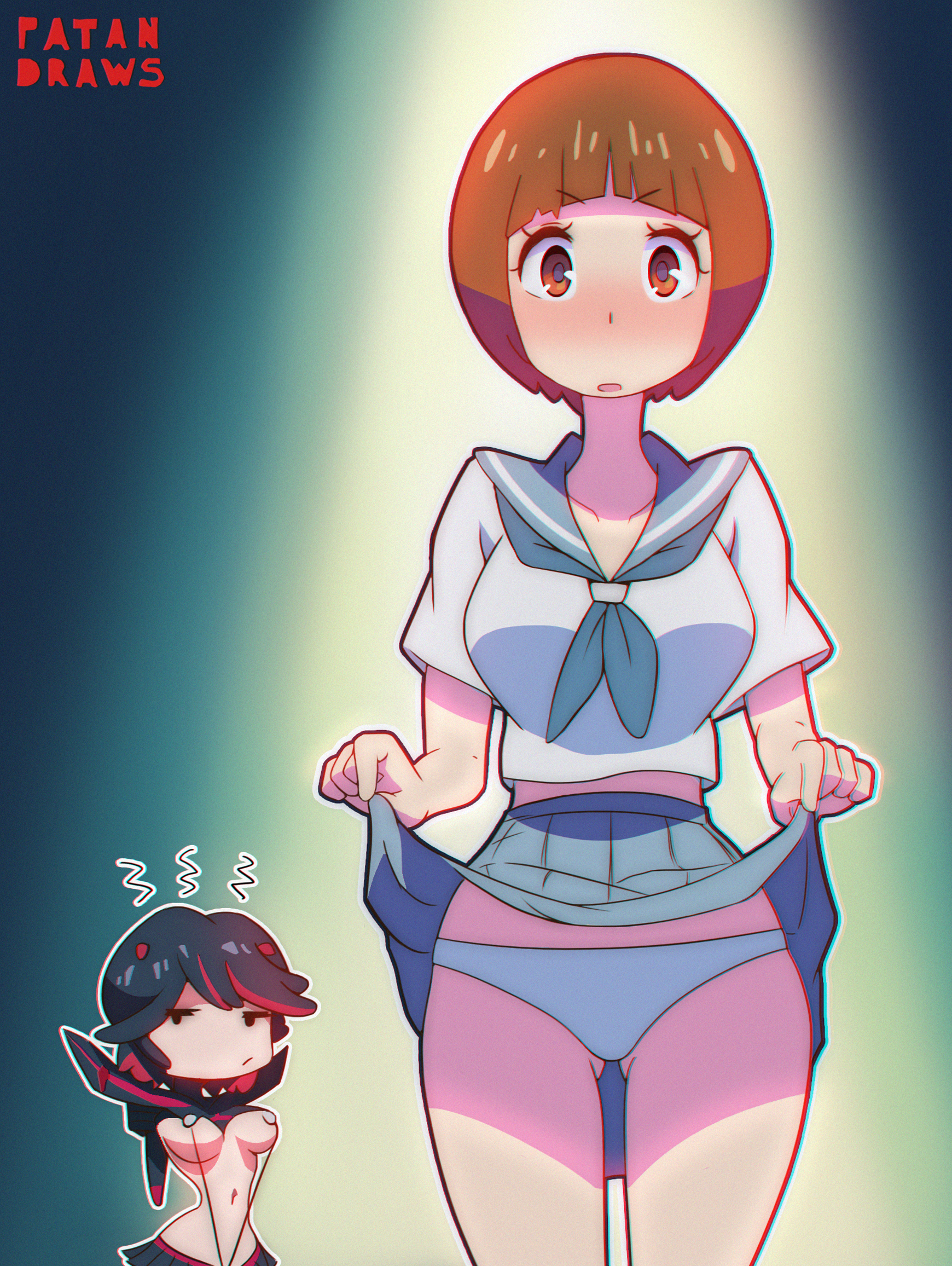 2girls, black hair, black-haired female, blue panties, blue skirt, breasts, brown hair, brown-haired female, clothed, clothing, female, female only, flashing, kill la kill, mankanshoku mako, matoi ryuuko, miniskirt, multiple females, panties, patandraws, pleated skirt, seifuku, skirt, skirt lift, studio trigger, underboob