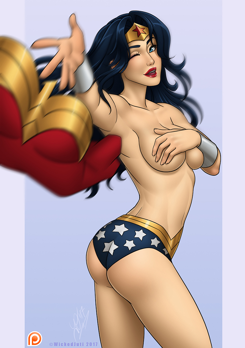 1girls amazon ass bare_shoulders belly big_breasts black_hair blue_eyes bracelet breasts cleavage covered_breasts covering covering_breasts dc dc_comics diana_prince female female_only hand_bra handbra hips jewelry justice_league large_breasts legs lips lipstick long_hair makeup navel one_eye_closed red_lips red_lipstick solo standing thighs tiara topless undressing wickedj wink wonder_woman wonder_woman_(series)