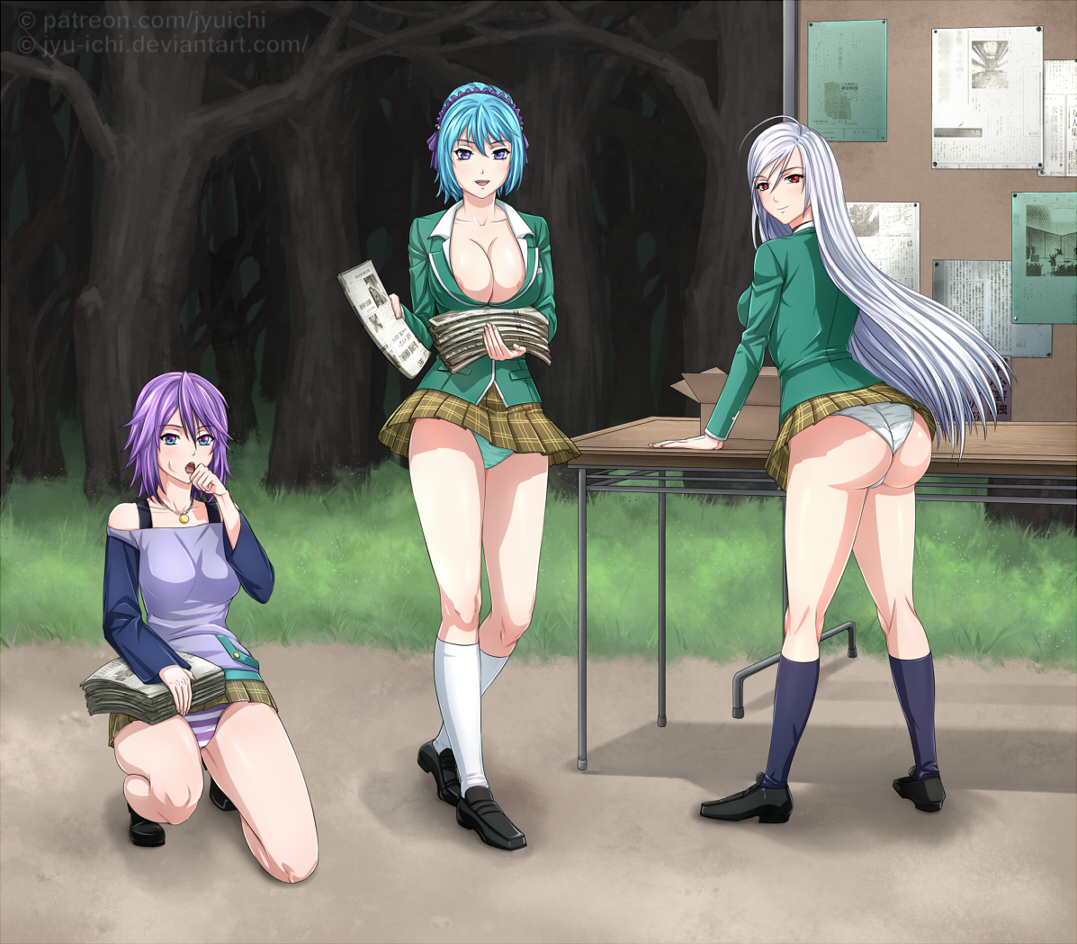3girls, akashiya moka, ass, big ass, big breasts, black loafers, black socks, blue hair, breasts, clothes, demon, demon girl, female, high socks, inner moka, knee socks, kneehighs, kneesocks, kurono kurumu, loafers, multiple females, multiple girls, panties, purple hair, rosario+vampire, school uniform, schoolgirl, shirayuki mizore, shoes, silver hair, skirt, socks, socks and shoes, striped panties, succubus, underwear, upskirt, vampire, white socks