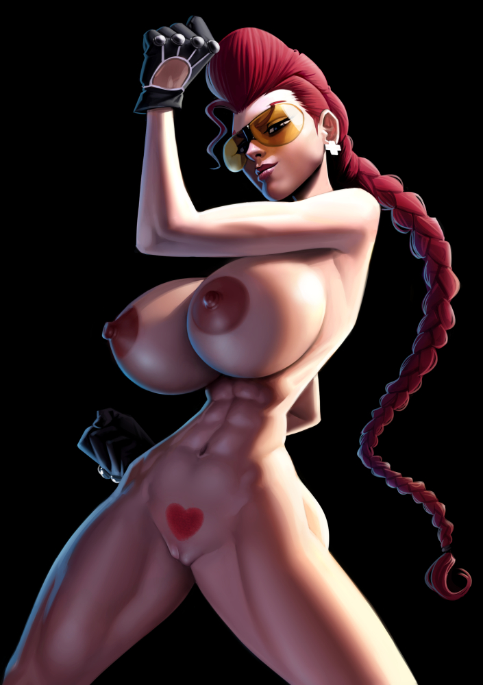 breasts crimson_viper female glasses large_breasts nude orange-tinted_eyewear pernalonga ponytail red_hair solo street_fighter sunglasses tied_hair tinted_eyewear visor