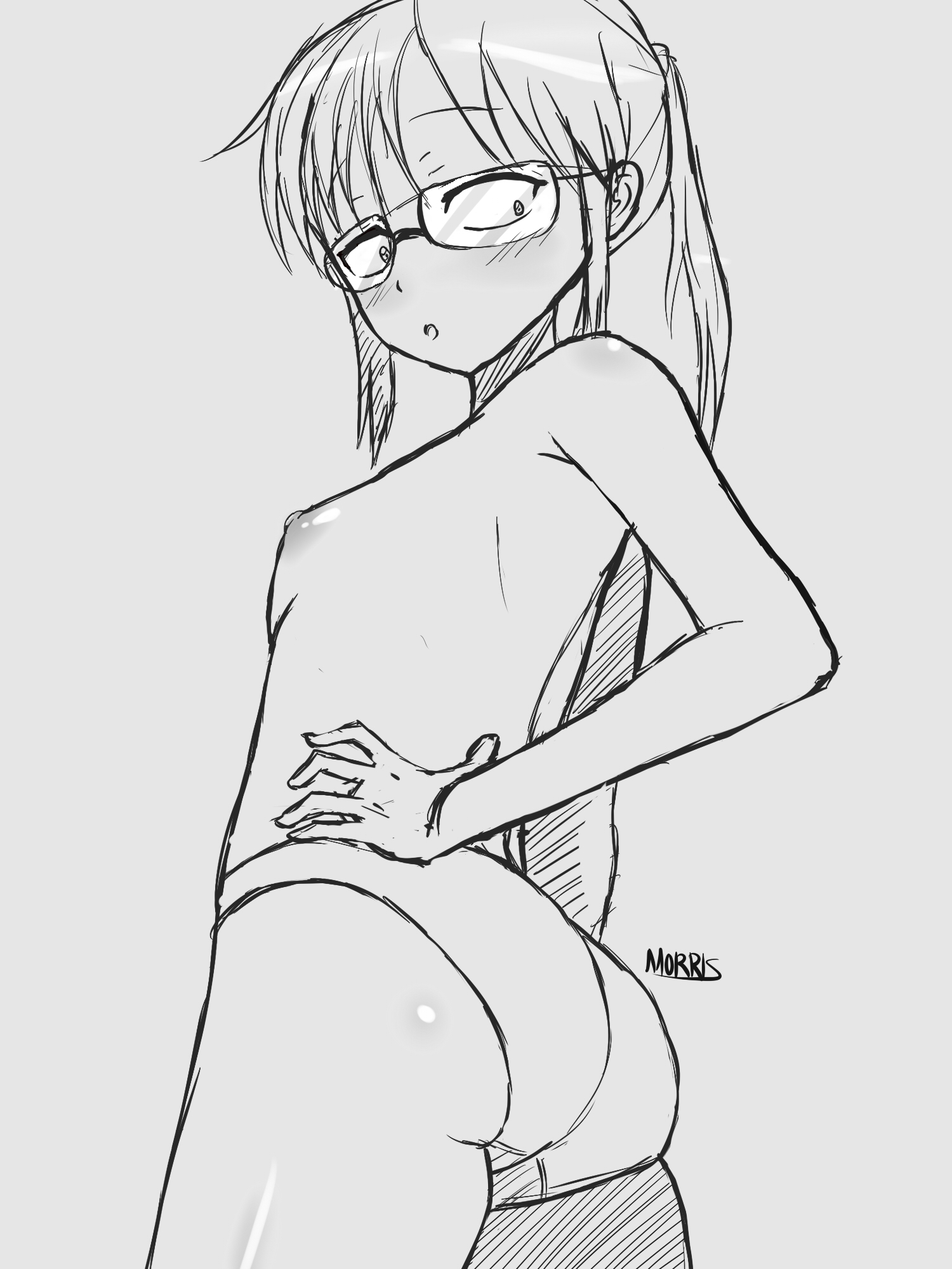 ass, big ass, blush, bottomwear, breasts, bubble ass, bubble butt, female, glasses, hand on hip, kobayashi, long hair, looking back, miss kobayashi's dragon maid, monochrome, morris, nipples, panties, panties only, ponytail, small breasts, solo, tied hair, topless, underwear