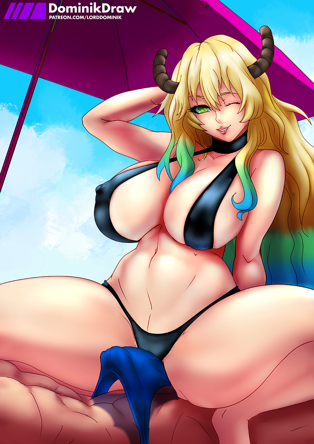 1boy, 1girls, abs, aqua hair, belly, big breasts, bikini, bikini top, blonde, blonde hair, blue hair, breasts, bulge, cleavage, covered breasts, covered nipples, dragon girl, dragon horns, erect nipples, erection, erection under clothes, female, gradient eyes, gradient hair, green eyes, high resolution, horns, huge breasts, large breasts, long hair, looking at viewer, lord dominik, male, miss kobayashi's dragon maid, monster girl, multicolored eyes, multicolored hair, muscles, navel, nipple bulge, nipples, panties, pantsu, penis, penis under clothes, quetzalcoatl (dragon maid), spread legs, swimsuit, underwear, yellow pupils