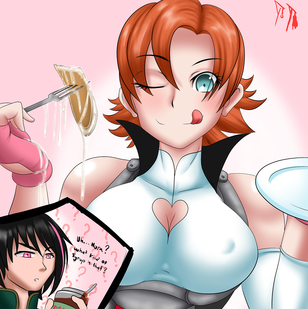 1boy, 1girls, bare shoulders, big breasts, breasts, cleavage, cleavage cutout, cum, cum on food, dialogue, female, fingerless gloves, fork, holding plate, licking lips, lie ren, male, nora valkyrie, one eye closed, orange hair, pancake, pink background, plate, rwby, short hair, sleeveless, smile, suicidetoto, tagme, tongue, tongue out, wink