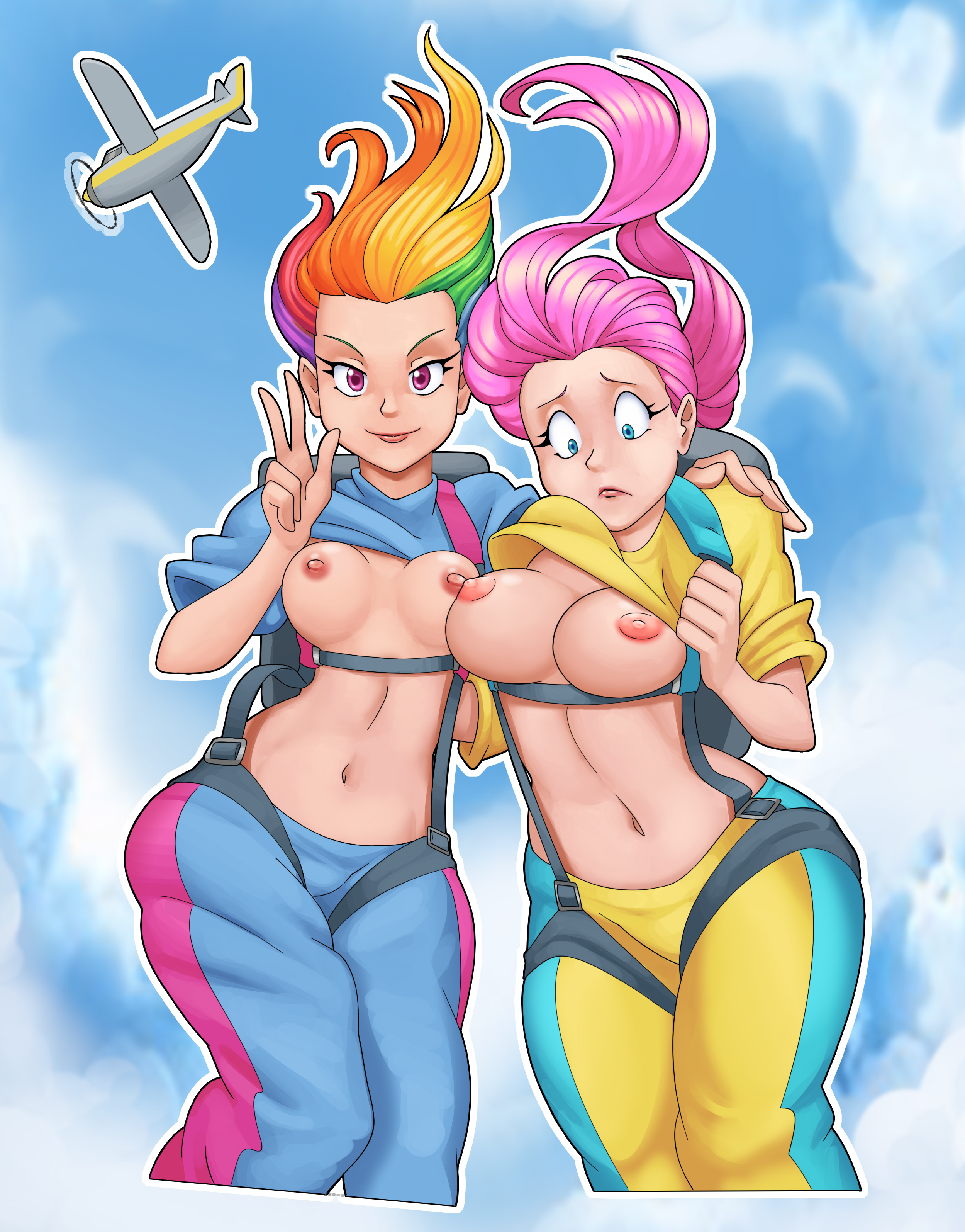 2girls, absurdres, airplane, blue eyes, breasts, breasts out, cropped legs, female, fluttershy (mlp), friendship is magic, frown, harness, highres, human, human only, humanized, long hair, looking at viewer, midair, multiple females, multiple girls, my little pony, nauth, nauth le roy, navel, nipples, parachute, personification, pink eyes, pink hair, ponytail, rainbow dash (mlp), shirt lift, sky, skydiving, smile, smooth skin, tied hair, v, wide-eyed