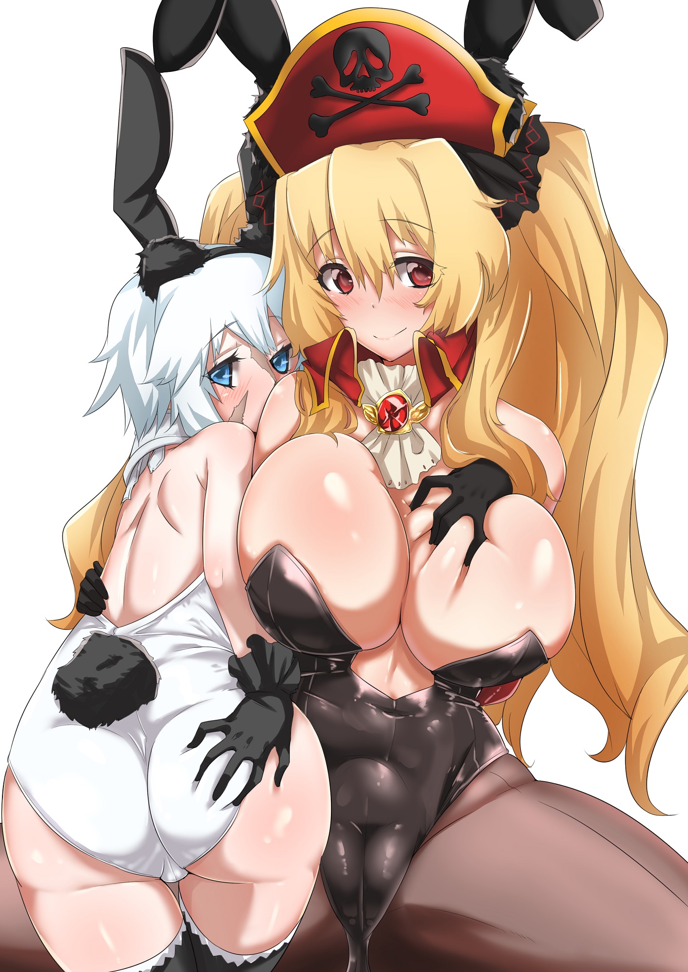 2girls, animal ears, anne bonny (fate/grand order), ass, ass grab, ayuayu (shouyu no sato), blonde hair, blue eyes, breast grab, breasts, bunny ears, bunnysuit, cameltoe, cleavage, covered navel, deep skin, detached collar, elbow gloves, fate (series), fate/grand order, female, gloves, hair ribbon, hairband, hat, highres, huge ass, large breasts, leotard, long hair, lying, mary read (fate/grand order), multiple females, multiple girls, pantyhose, pirate hat, pussy, red eyes, ribbon, scar, short sleeves, silver hair, skull and crossbones, small breasts, smile, thighhighs, tied hair, twintails, white background, zettai ryouiki