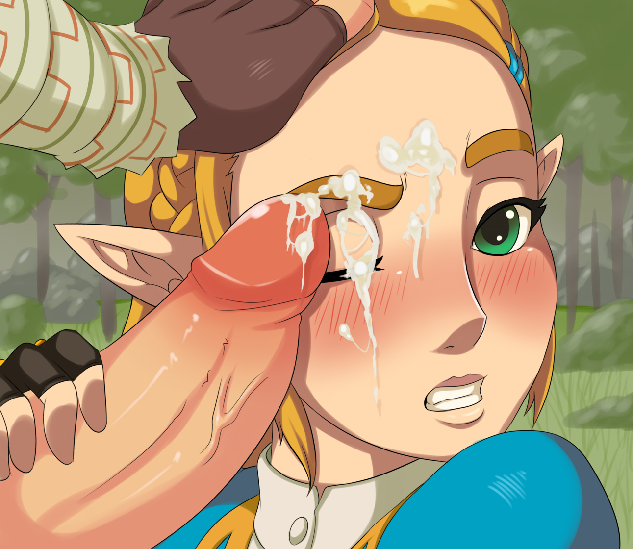 blonde hair, blush, breath of the wild, cum, facial, female, green eyes, handjob, hylian, link, link (breath of the wild), long hair, male, manual, nintendo, outdoors, pale skin, penis, pointy ears, princess zelda, sandyrex, the legend of zelda, zelda (breath of the wild)