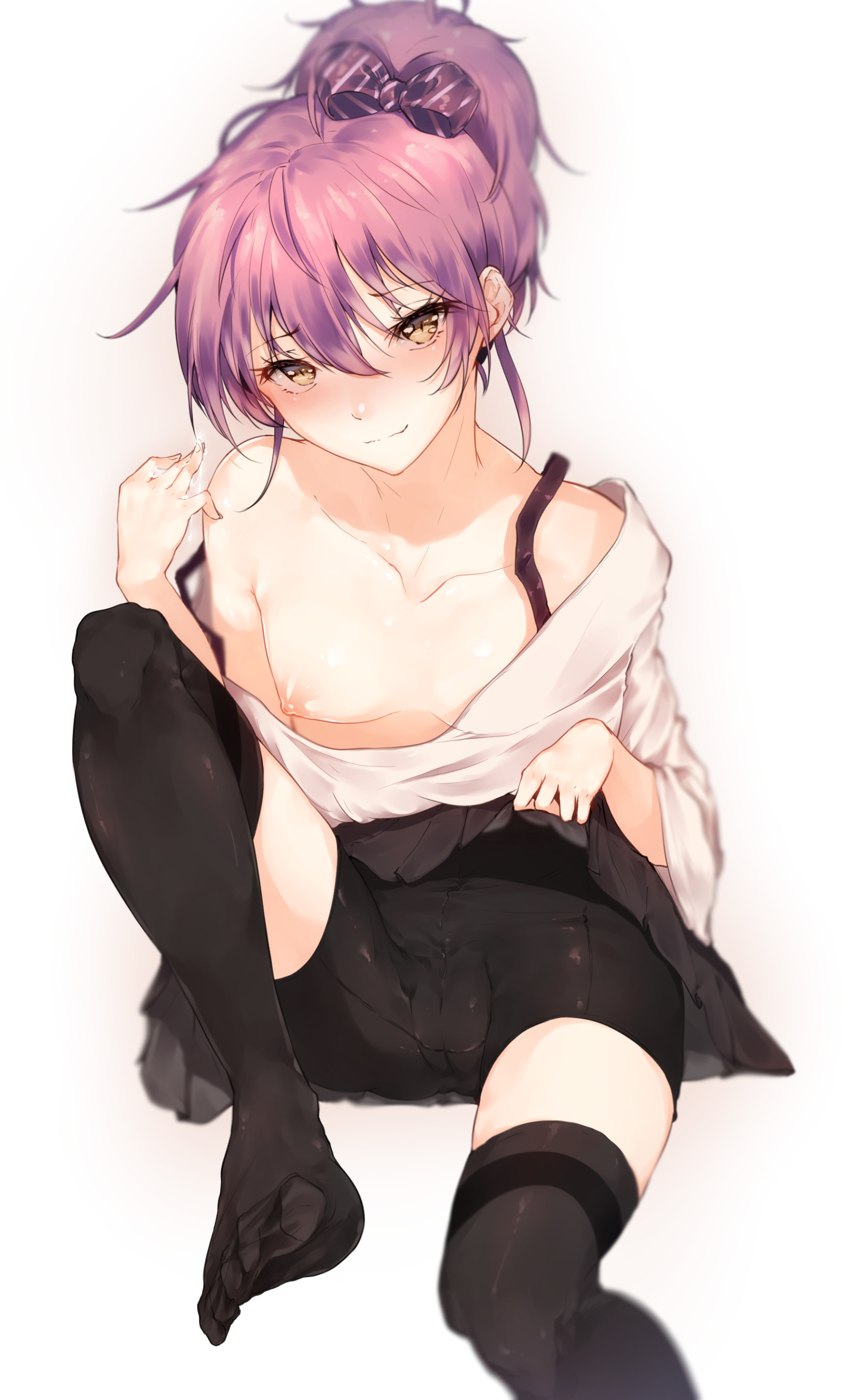 absurdres, black legwear, breasts, brown eyes, cameltoe, female, highres, hplay, idolmaster, idolmaster cinderella girls, jougasaki mika, looking at viewer, nipples, pleated skirt, ponytail, purple hair, pussy, simple background, sitting, skirt, smile, solo, thighhighs, tied hair, white background