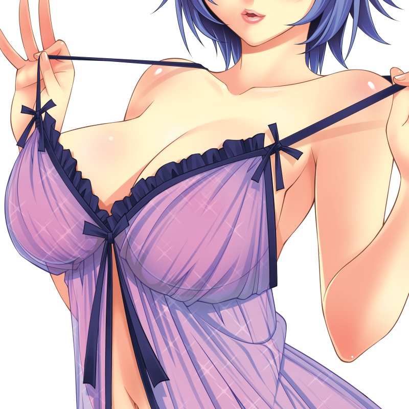 1girls asakura_sakura babydoll bare_arms bare_shoulders blue_hair body_blush breasts cleavage collarbone female frilled_babydoll frills head_out_of_frame large_breasts lips navel nipples original parted_lips pink_lips pulled_by_self see-through shiny shiny_skin short_hair simple_background solo stomach strap_pull teasing underwear underwear_only upper_body white_background